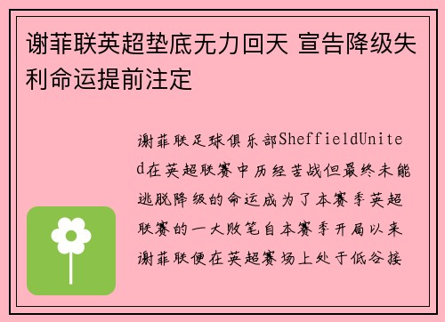 谢菲联英超垫底无力回天 宣告降级失利命运提前注定 谢菲联英超垫底无力回天 宣告降级失利命运提前注定