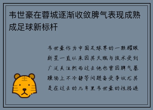 韦世豪在蓉城逐渐收敛脾气表现成熟成足球新标杆