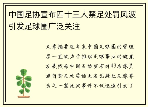 中国足协宣布四十三人禁足处罚风波引发足球圈广泛关注