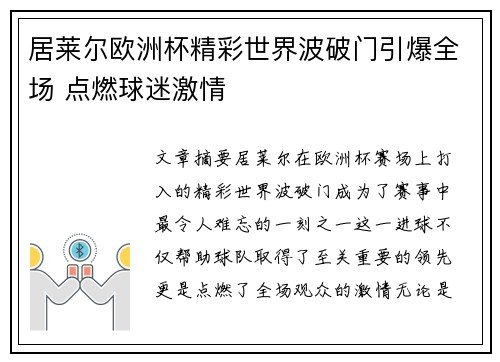居莱尔欧洲杯精彩世界波破门引爆全场 点燃球迷激情