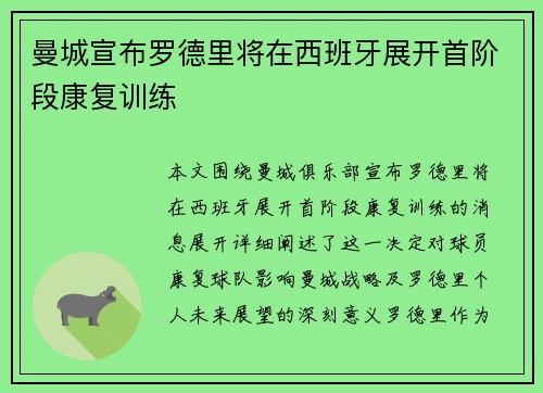 曼城宣布罗德里将在西班牙展开首阶段康复训练 曼城宣布罗德里将在西班牙展开首阶段康复训练