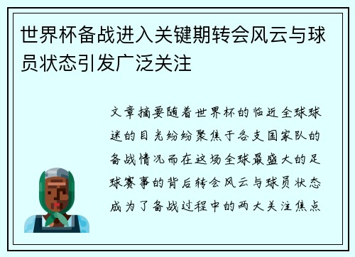 世界杯备战进入关键期转会风云与球员状态引发广泛关注